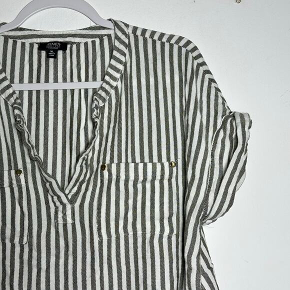 Jones New York Signature XL Grey White Striped Linen Blend Tunic V-Neck Top - Picture 13 of 15